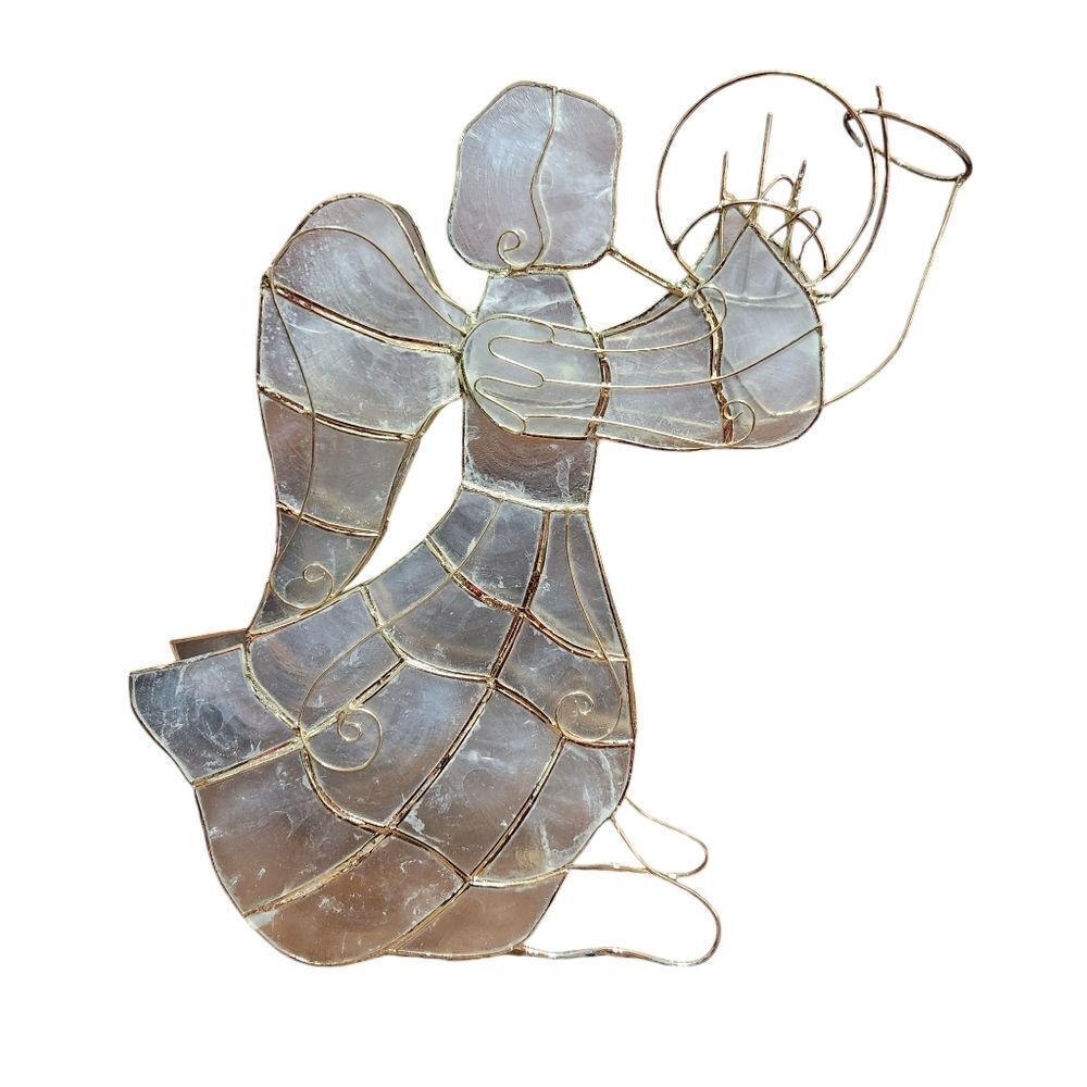 Capiz Shell Angel Christmas 11.5" Tall Gold Wire Gabriel Blowing Horn